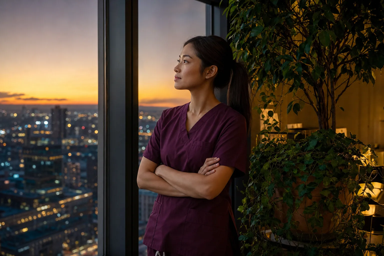 A clinician in burgundy scrubs pausing at a high-rise window above a city at dusk, weighing the work ahead
