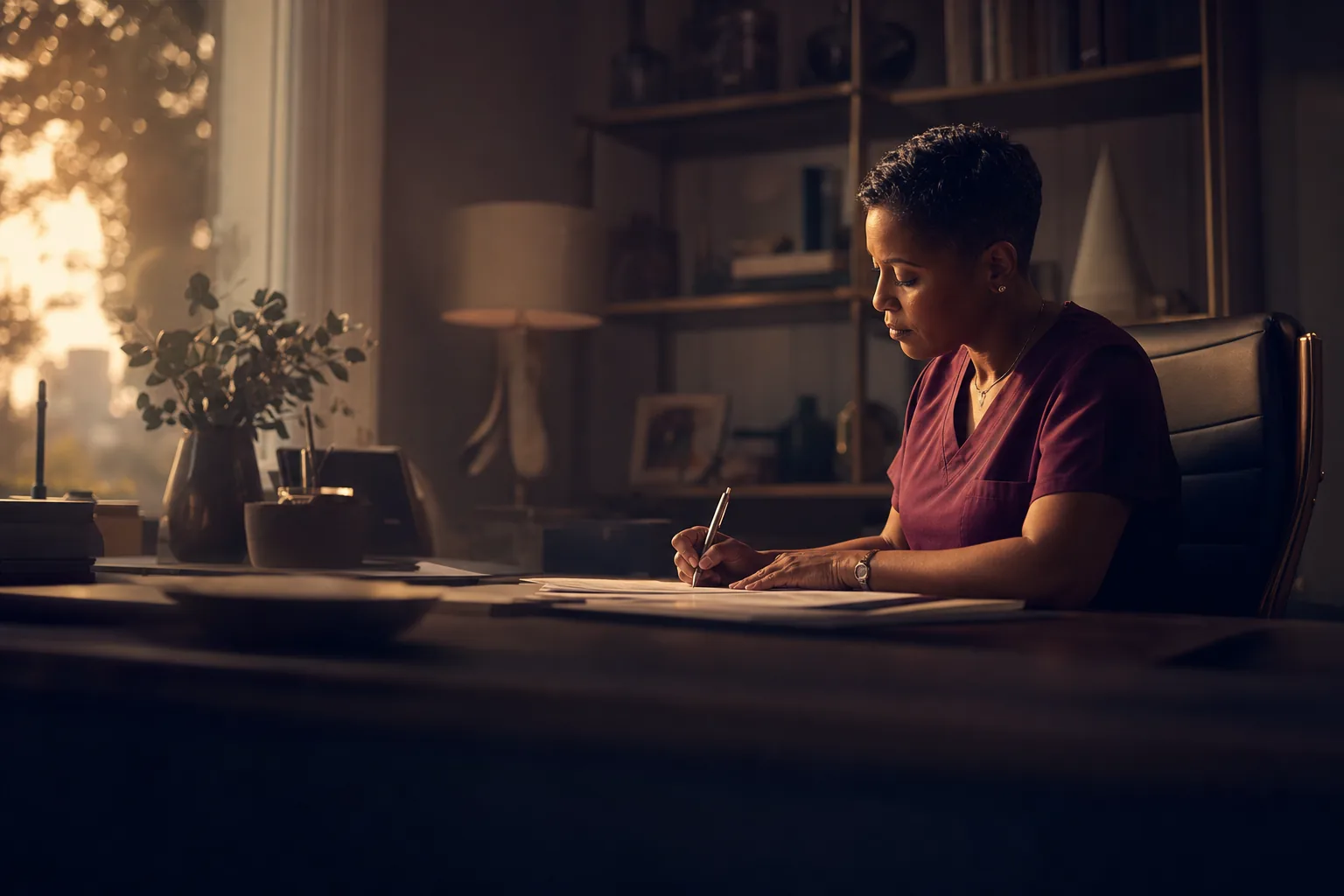 A clinician in burgundy scrubs documenting care by hand at a warm, lamplit desk at golden hour
