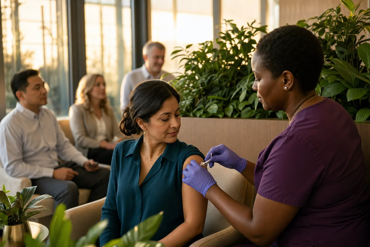 A nurse in burgundy scrubs administering a workplace vaccination to an employee at golden hour