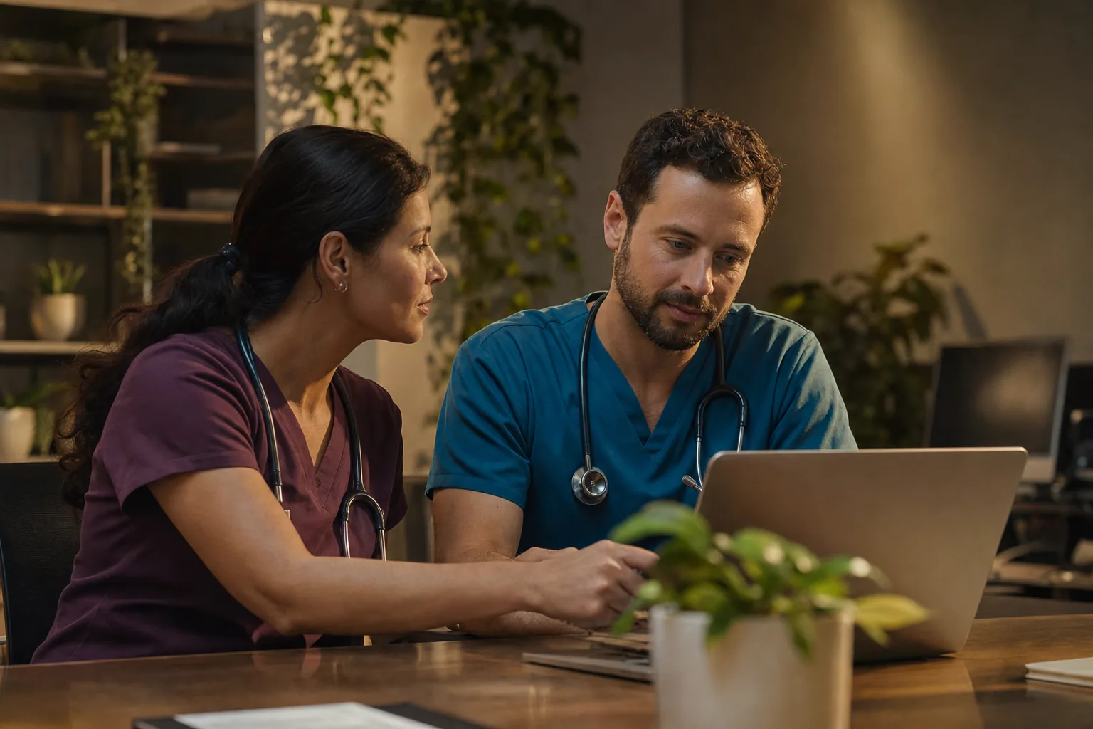 Two clinicians reviewing connected occupational health data together at a workstation in warm evening light