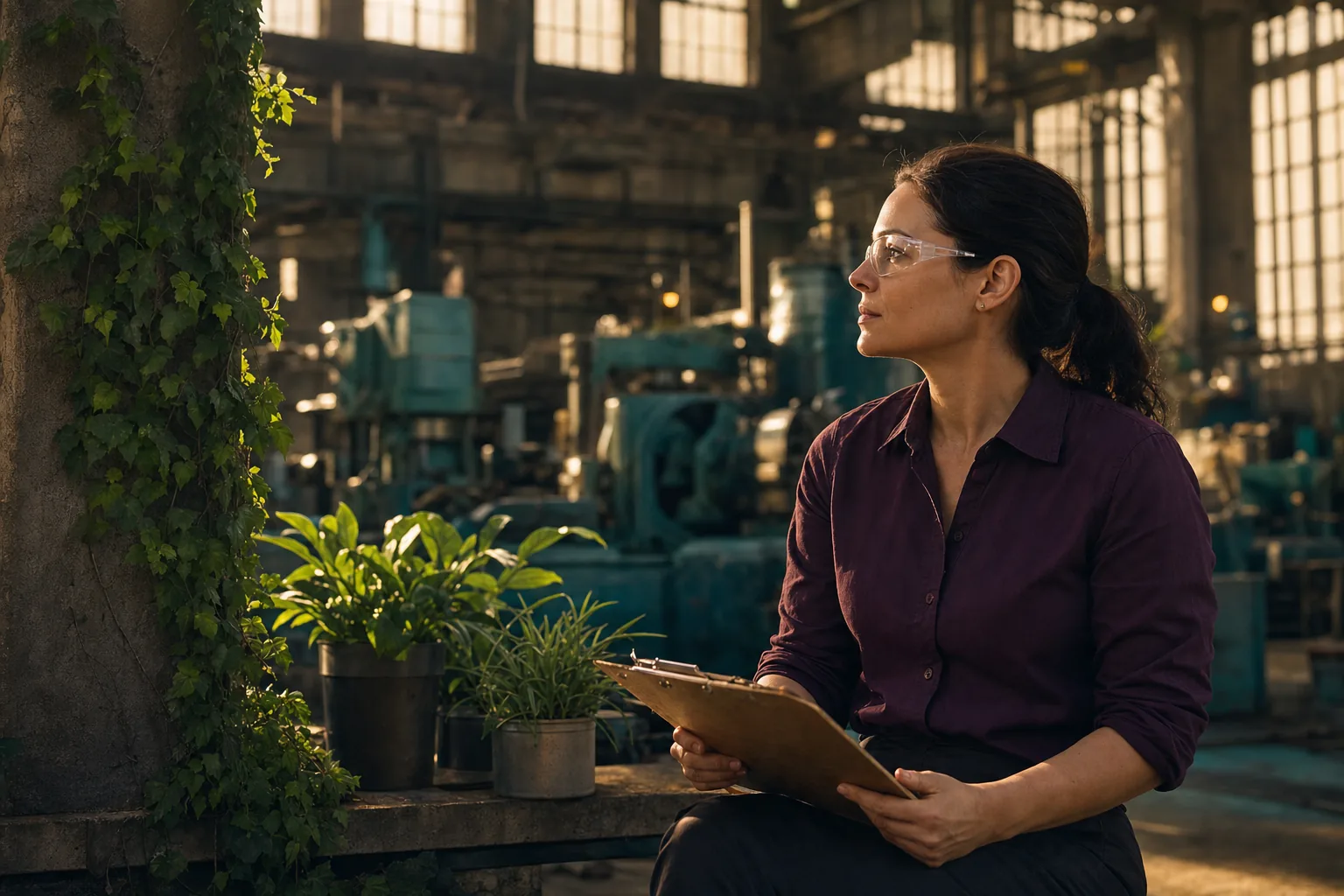 An occupational health and safety lead in plum workwear reviewing records on an industrial floor at golden hour