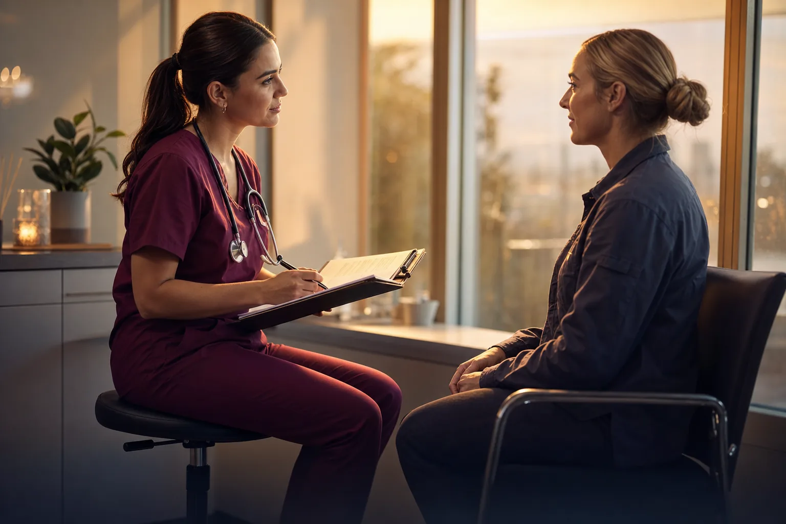 A nurse in burgundy scrubs guiding a worker through a medical surveillance exam in warm clinic light