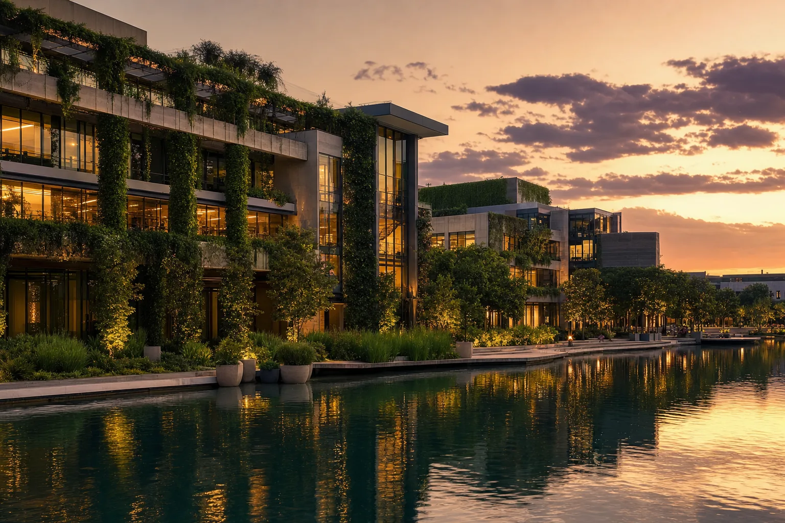 A modern enterprise campus at dusk mirrored in still water, office lights glowing warm under a plum-violet sky