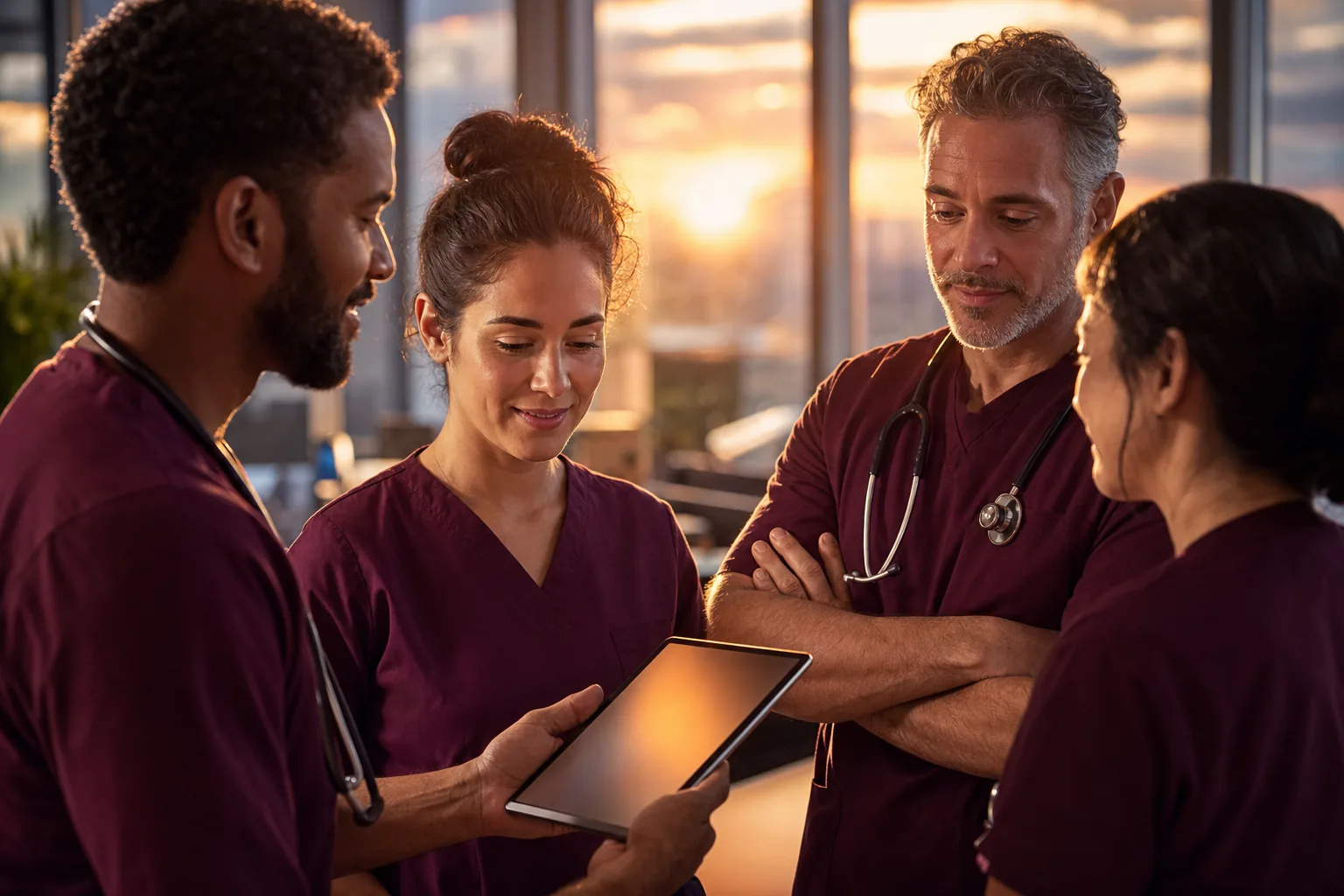 A clinical team in burgundy scrubs reviewing a record together at golden hour